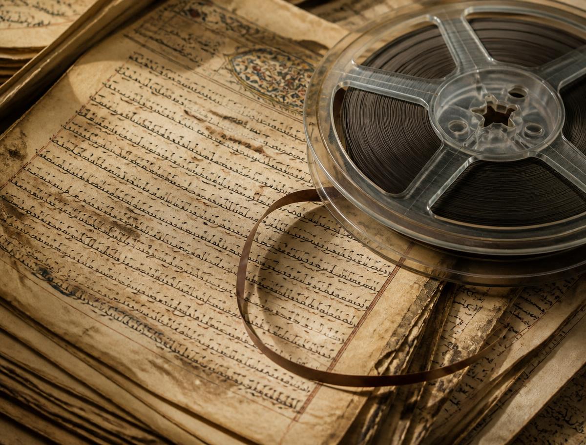 Manuscript pages beside a reel of magnetic audio tape